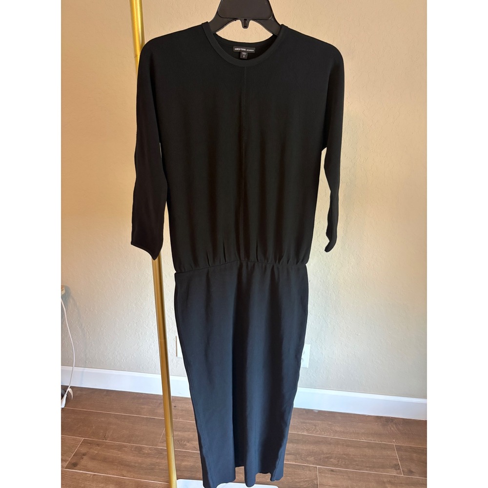 James Perse Dress Black Ribbed Blouson Midi Size 2 Minimalist Quiet Luxury